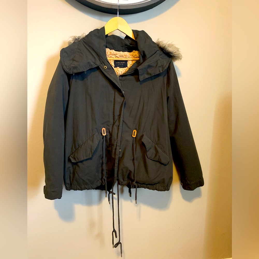 ZARA Small Women’s Suede Jacket with Removable Fleece Fur Lining and Fur on Hood
